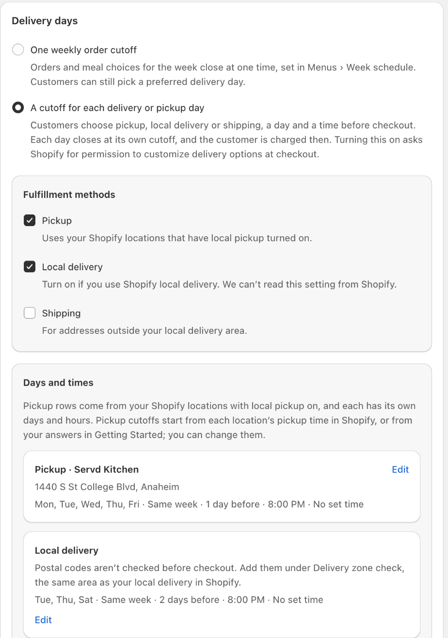 A cutoff for each delivery or pickup day in Settings