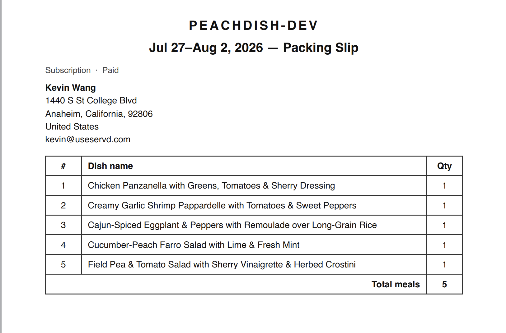 A per-delivery packing slip ready to print