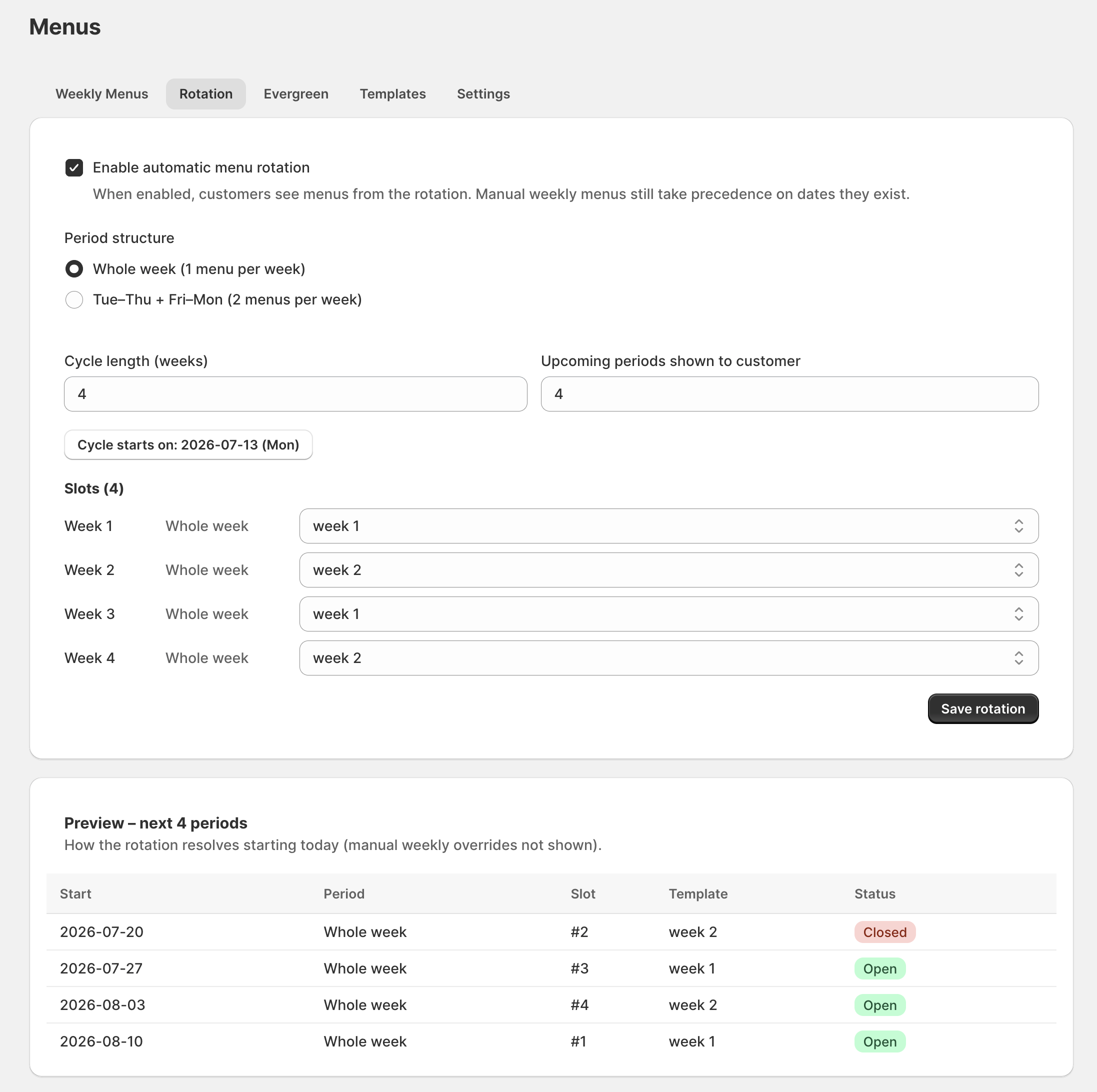 Arranging menu templates into a rotation