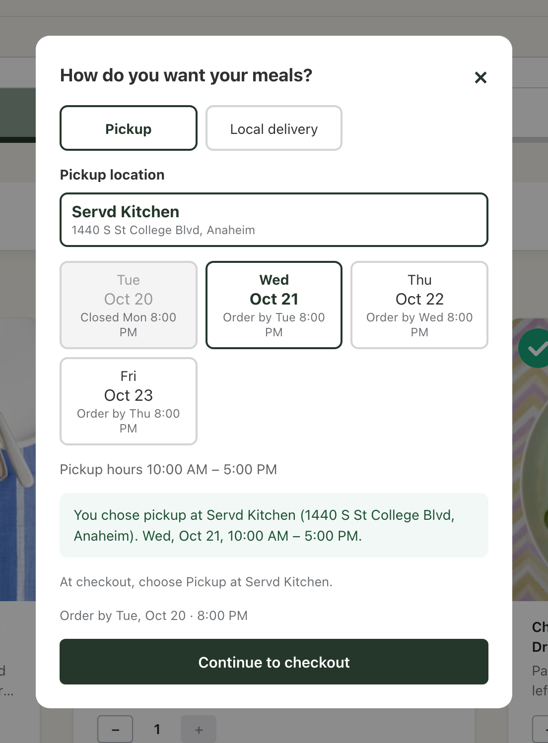 Customers choose pickup or delivery and a day before checkout