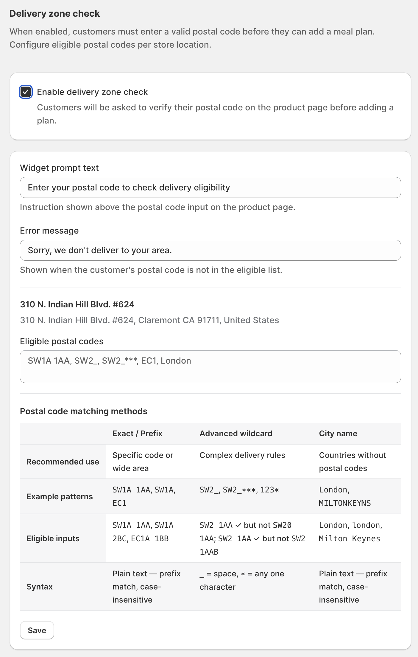 Delivery-zone configuration in settings