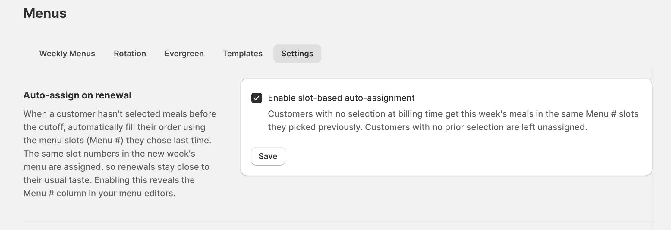 Enabling menu slots and auto-assign in the menu tabs