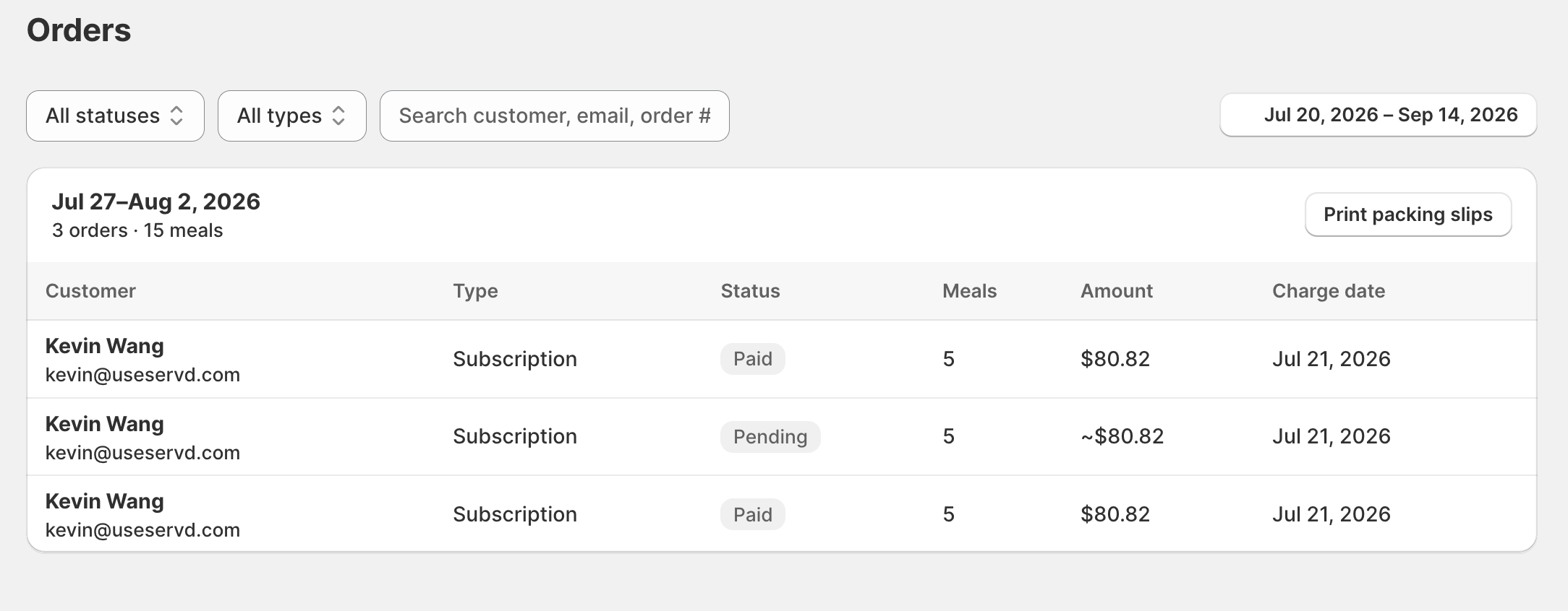 The Orders view listing upcoming deliveries